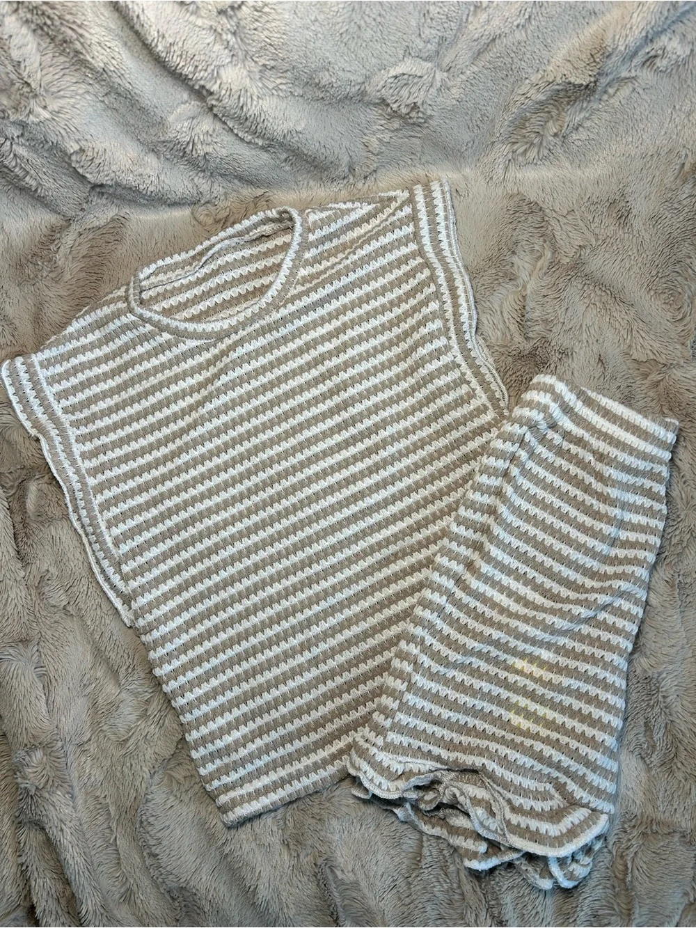 Striped Knit Two-Piece Set in Beige and White